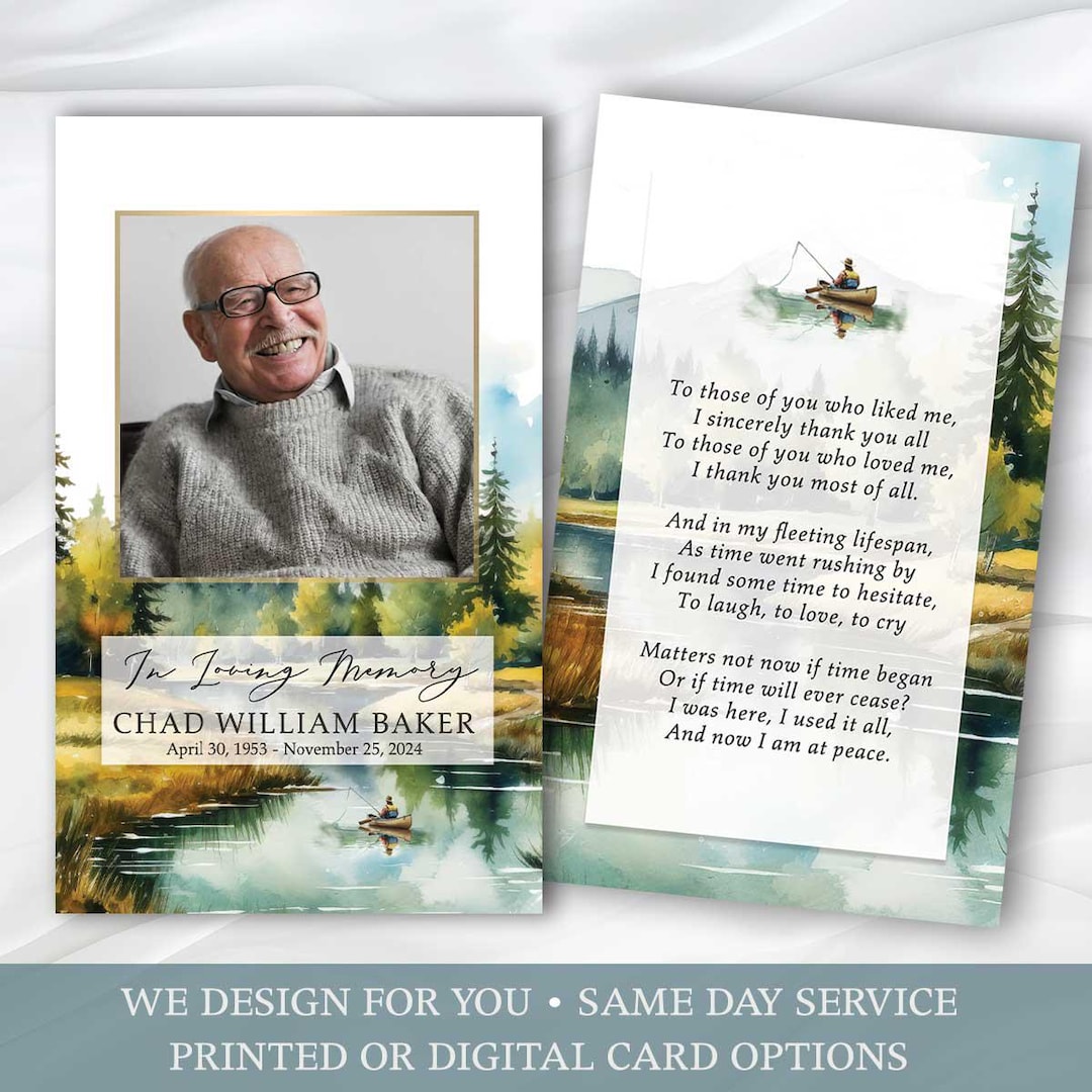 Fisherman Funeral Memorial Card Template, Fishing Theme Tribute ...
