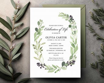 Celebration of Life Invitation Templet, Funeral Announcement, Memorial Service Invite, Watercolor Greenery Digital or Printed Cards