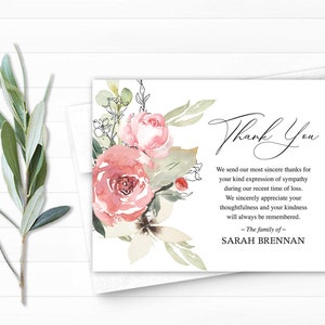 Sympathy Acknowledgement Cards, Funeral Thank You and Bereavement Notes, Personalized Greenery Pink Floral Customized Wording For Funerals