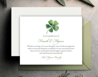 Funeral Thank You Cards, Irish Shamrock Memorial Thank You Notes, Custom Memorial Cards, Sympathy Thank You Card Wording After Funeral