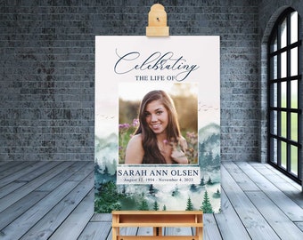 Mountain Funeral Welcome Sign, Photo Celebration of Life Poster, Forest Memorial Service Foam Board template or printed 18 x24