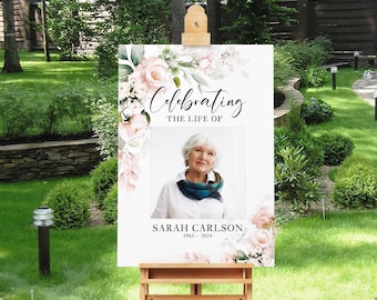 Funeral Welcome Sign Template for Mother, Celebration of Life Photo Poster, Pink Roses Memorial Service Memorial Board, Printed 18 x 24