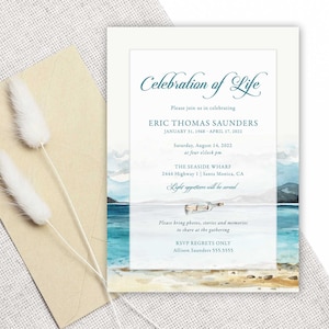 May include: A blue and white watercolor illustration of a beach scene with mountains in the background. The text reads "Celebration of Life" and includes the name "Eric Thomas Saunders" and the dates "January 31, 1968 - April 17, 2022". The invitation is for a memorial service on Saturday, August 14, 2022, at four o'clock at The Seaside Wharf, 2444 Highway 1, Santa Monica, CA. Light appetizers will be served. The invitation also includes the text "Please bring photos, stories and memories to share at the gathering." and "RSVP regrets only" with the contact information "Allison Saunders 555.5555".
