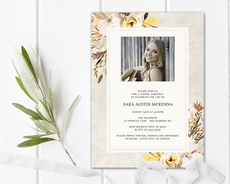 Celebration of Life Invitation Template Floral Gold Memorial | Etsy