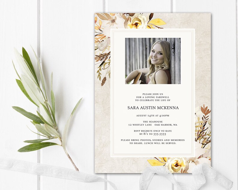 Celebration Of Life Invitation Template Floral Gold Memorial Etsy