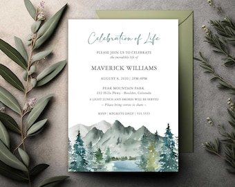 Celebration of Life Invitation, Mountain Outdoors Funeral Announcement, Memorial Invitation, Printable Template