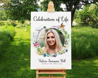 Butterfly Celebration of Life Poster, Floral Funeral Memorial (18 x 24) Welcome sign with Photo
