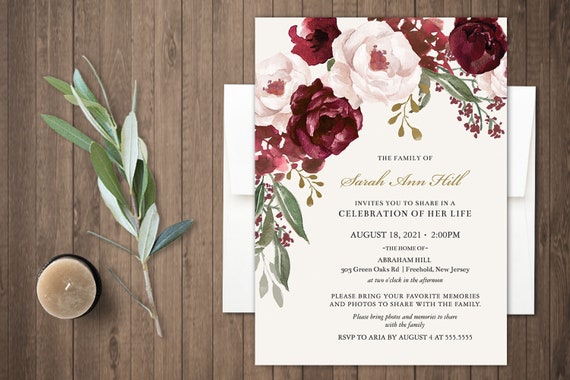 Floral Funeral Invitation Funeral Announcement Card Etsy