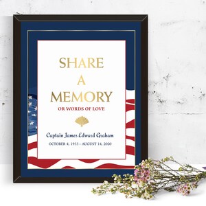 Military Funeral Share a Memory Sign Soldier Veteran Share a Favorite Memory American Flag Patriotic Celebration of Life Sign Printed or DIY