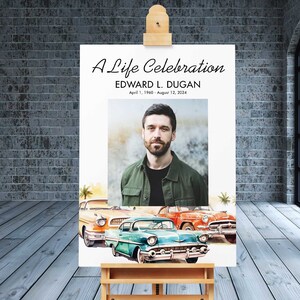 May include: A white poster with the text "A Life Celebration" and "EDWARD L. DUGAN" in black. The dates "April 1, 1960 - August 12, 2024" are also in black. A photo of a man is in the center of the poster. The bottom of the poster features a watercolor illustration of three vintage cars.