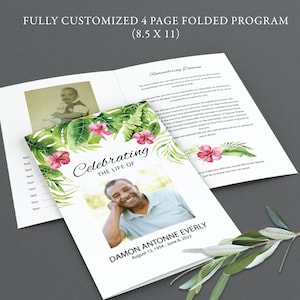 Funeral Program Template, Tropical Funeral Program, Obituary Program, Celebration of Life, Memorial Service Outline 8.5x 11, Palm Leaves