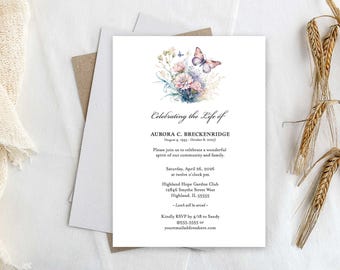 Butterfly Celebration of Life, Funeral Invitation Printable or Printed, Funeral Announcement, Custom Memorial Service Notice Butterflies