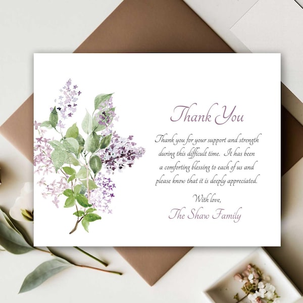 Cartões de Agradecimento para Funerais, Impressos ou para Imprimir | Cartões de Condolências para Funerais | Agradecimento Memorial por Luto | Cartão de Agradecimento Personalizado em Lilás