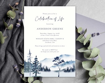 Celebration of Life Invitation, Blue Mountain Funeral Announcement, Memorial Service Template Invite Printed | digital