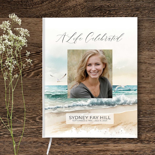 Funeral Guest Book Beach Theme Celebration of Life Guest registry, Guest Sign In Memorial Guest Book Funeral Registry Book Photo Custom