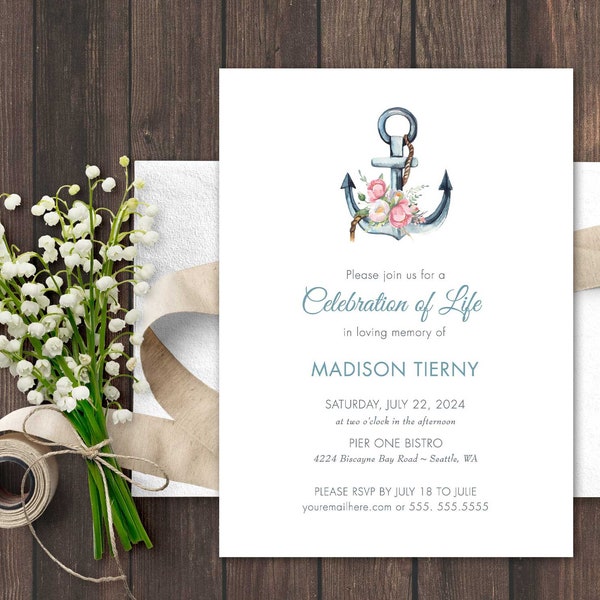 Celebration of Life Invitation, Funeral Announcement, Memorial Invitations Funeral Template Celebration of Life Anchor Printed or Digital