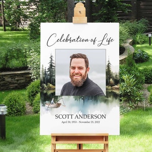 Welcome Sign Celebration of Life Funeral Sign Poster Fisherman Memorial Service Mountain Lake Fishing Celebration of Life Decoration 18 x 24