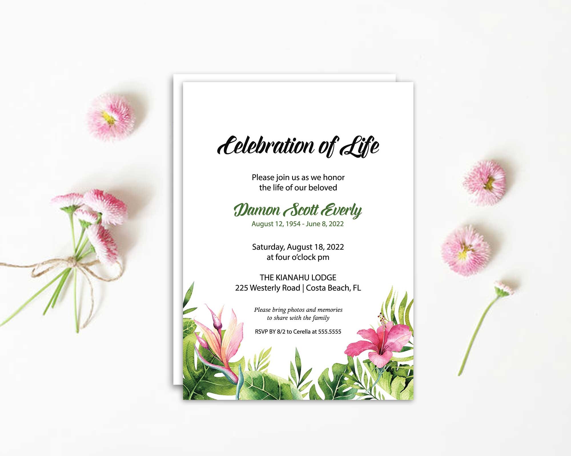 Celebration of Life Invitation Template, Funeral Announcement, Memorial Service Invitations Palm Leaves Tropical Floral Printed or Digital - Etsy celebration-of-life-invitation-template-funeral-announcement-memorial-service-invitations-palm-leaves-tropical-floral-printed-or-digital-etsy