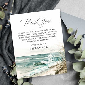 Sympathy Acknowledgement Cards, Funeral Thank You and Bereavement Notes, Personalized Beach Waves Theme Customized Wording For Funerals