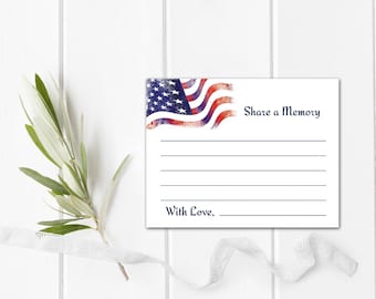 Share A Memory Printable Template Funeral Celebration of Life Favorite Patriotic Veteran Memory American Flag Military Memorial Card DIY