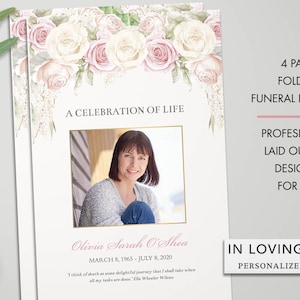 Printable Funeral Program Template Floral Funeral Memorial Service In loving Memory Obituary Celebration of life Rose Photo Folded 4 page