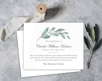 Sympathy Acknowledgement Cards, Funeral Thank You and Bereavement Notes, Personalized Greenery Eucalyptus Customized Wording For A Funeral