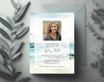 Beach Celebration of Life Invitation Template, Memorial Service Announcement, Funeral Service Invite, Memorial Card with Photo Ocean Added