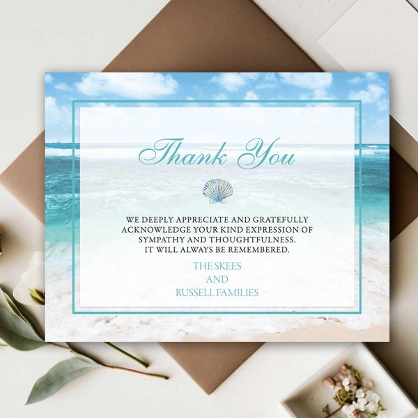 Beach Theme Funeral Thank You Card, Memorial Sympathy (PDF or Printed)