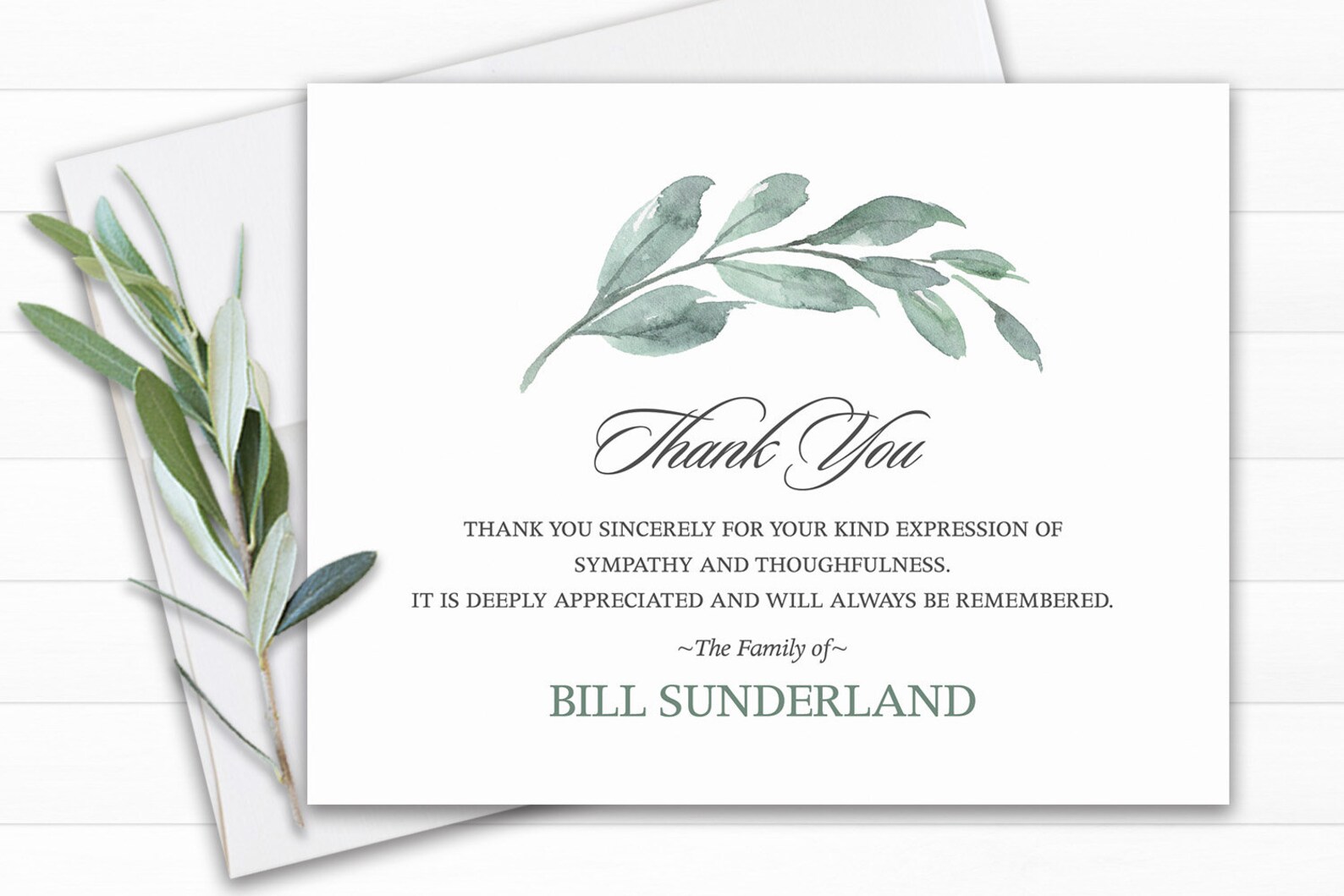 Greenery Funeral Acknowledgement Card Template Sympathy Etsy