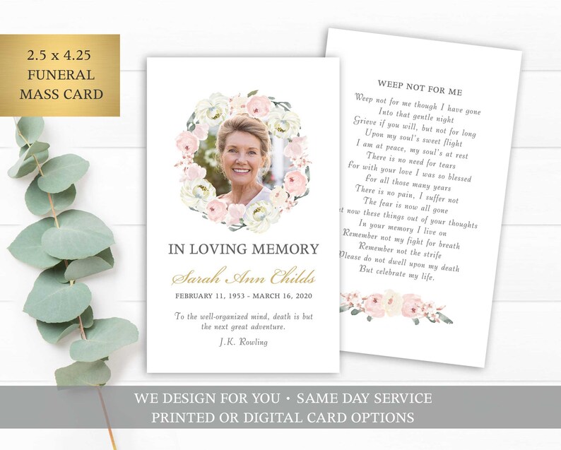 Funeral Prayer Card Template Printable Memorial Prayer Card Etsy