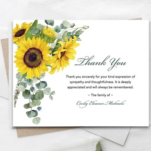 Sympathy Acknowledgement Cards, Sunflower Funeral Thank You and Bereavement Notes, Personalized  Customized Wording For Guests after Funeral