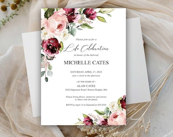 Floral Celebration of Life Invitations, Funeral Announcement, Memorial Invitations Template Burgundy and Pink Printable or Printed Cards