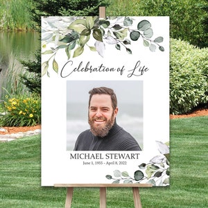 Funeral Welcome Sign Celebration of Life Sign Poster Greenery Masculine Memorial Service Poster Board Funeral Decor In loving memory 18 x24