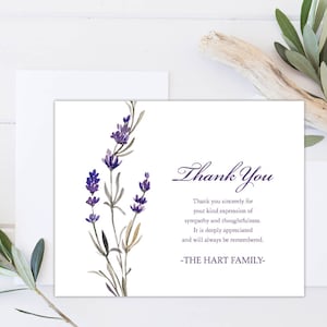 Funeral Thank you Card, Sympathy Acknowledgement Card Template , Lavender Sympathy Thank You Notecard Memorial Service Printable or Printed