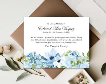 Funeral Thank You Cards, Sympathy Acknowledgement, Printable or printed Funeral Thank You Notes with Blue Florals and Custom Wording