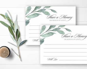 Share a Memory Card Printable, Share a Memory or Words of Love Card Funeral, Share a Memory Greenery Leaves Memorial Cards, Instant Download