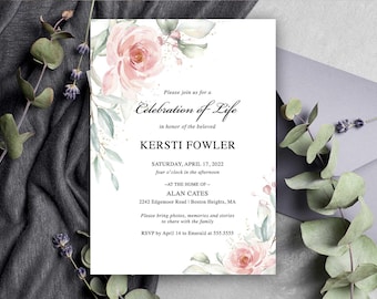 Pink Roses Celebration of Life Invitation, Funeral Announcement Memorial Invitations Funeral Template Blush Roses Printed | Digital