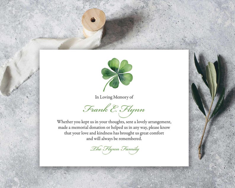 Funeral Thank You Cards, Irish Shamrock Memorial Thank You Notes ...