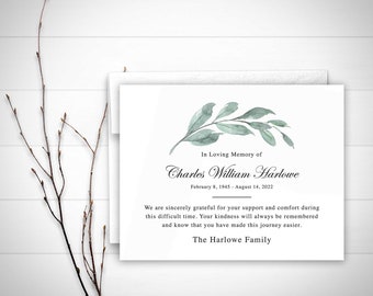 Sympathy Acknowledgement Cards, Funeral Thank You and Bereavement Notes, Personalized Greenery Eucalyptus Customized Wording For A Funeral