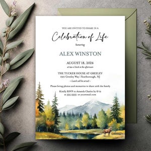Celebration of Life Invitation, Mountain Outdoor Funeral Announcement, Memorial Invitation, Funeral Template, Printable or Printed Cards