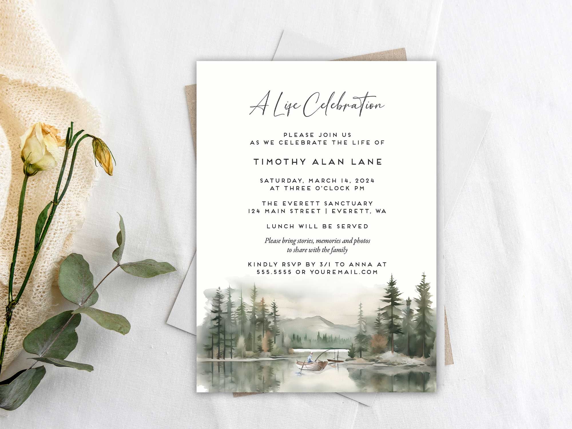 Celebration of Life Invitation, Fishing Fisherman Funeral Announcement ...