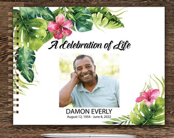 Tropical Memorial Guest Book, Palm Leaves Celebration of Life, Personalized Sign In