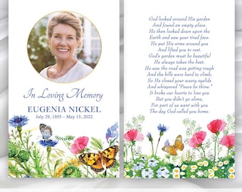 Butterfly Garden Funeral Memorial Prayer Card, Photo Template, Memorial Poem Keepsake Favor, Celebration of life Handout Butterfly