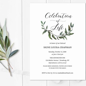 Celebration of Life Invitations, Funeral Announcement, Memorial Invitations, Funeral Template, Celebration of Life Greenery Printed or DIY