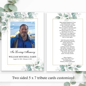 Celebration of Life Poem Card, Funeral Template, Keepsake Greenery Photo Card, Digital Template 5 x 7 Memorial Service Customized Favors