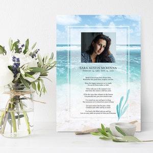 May include: A blue and white memorial card with a photo of a woman and a poem about remembering a loved one. The poem reads "Speak of me as you have always done. Remember the good times, laughter, and fun. Share the happy memories we've made. Do not let them wither or fade."