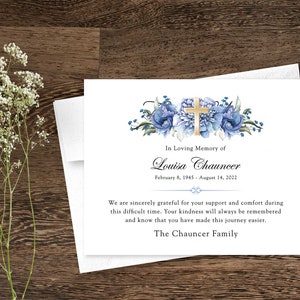 Sympathy Acknowledgement Cards, Funeral Thank You and Bereavement Notes, Personalized Greenery Cross Blue Floral Custom Wording For Funerals