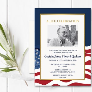 Funeral Announcement Card, Military Funeral Invitation Veteran Celebration of life Invitations Funeral Invite Military Army Veteran Memorial