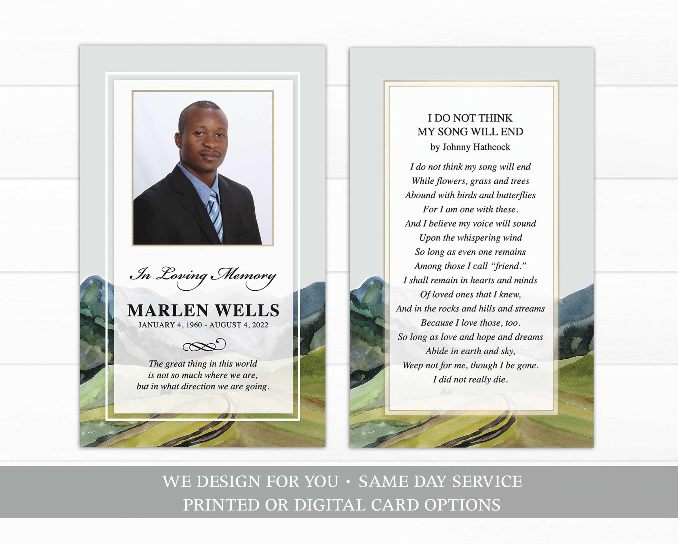 Mountain Memorial Prayer Card, Outdoors Funeral Keepsake