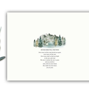 May include: A watercolor painting of a mountain range with trees and a river. The painting is on a white background with the text "Never more will the wind" and a poem about the wind and snow.